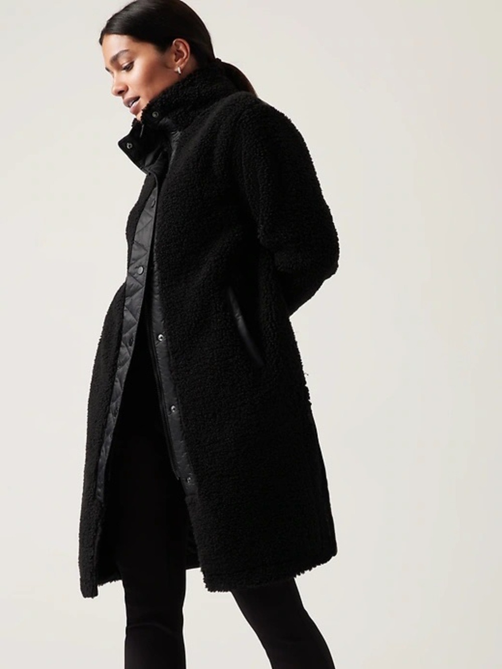 Athleta Cozy Day Hybrid Coat Black Teddy Coat with Quilted Snap Sherpa XXS
